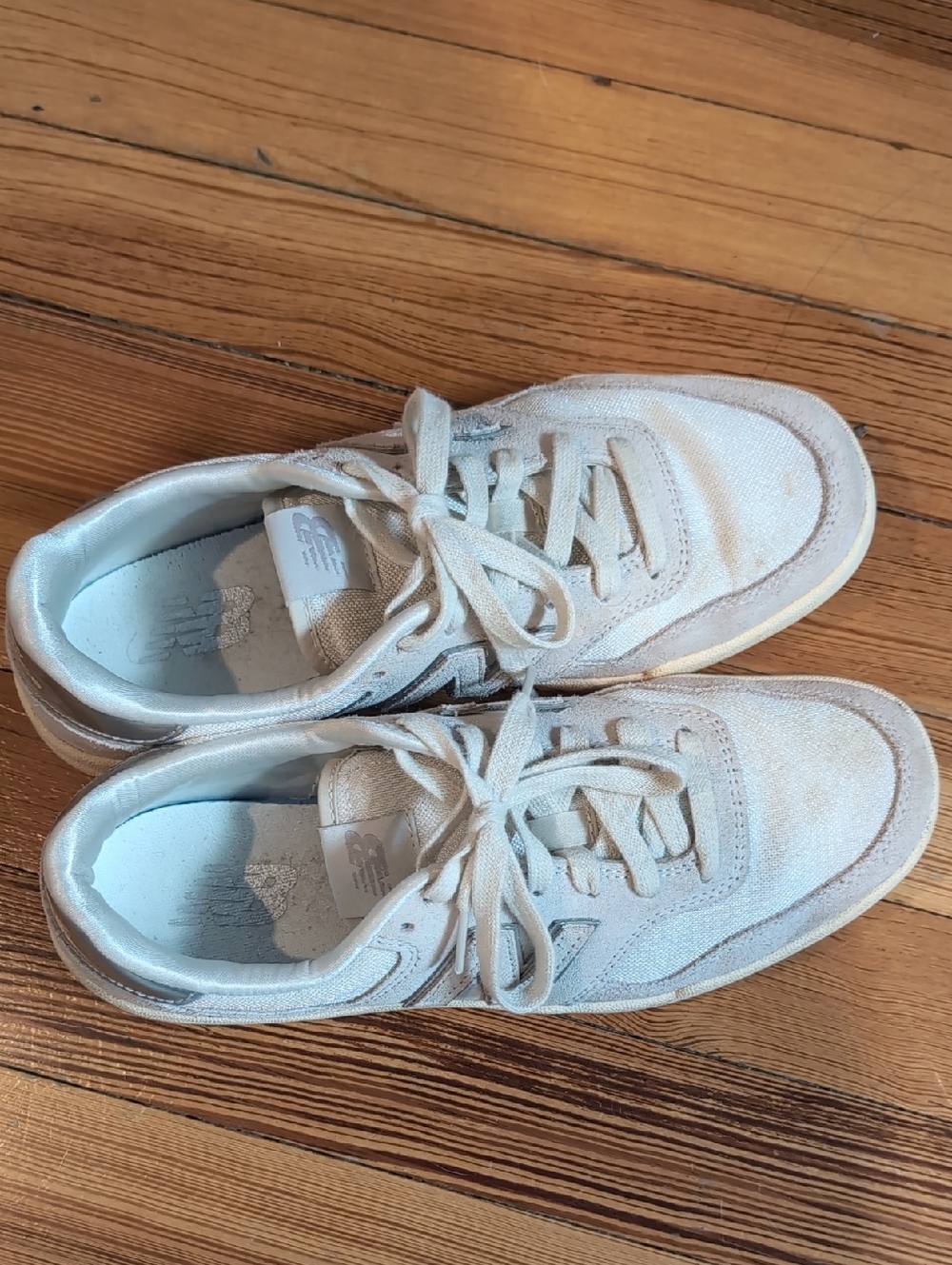 New Balance White/Silver Canvas and Suede Sneakers